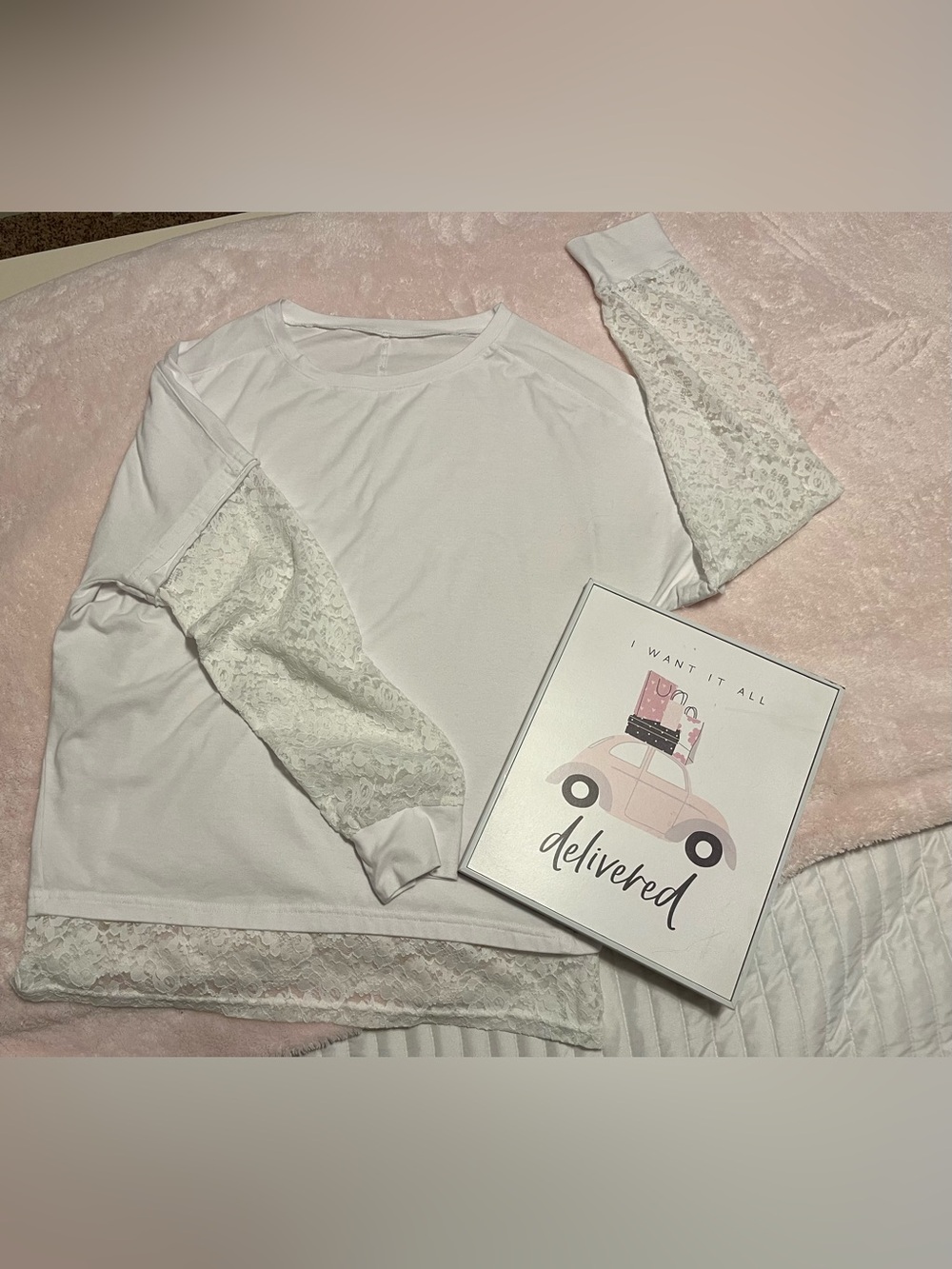 WHITE layered TEE shirt w/LACE sleeves; women’s XL, ROUND NECKLINE, by “SHEIN”